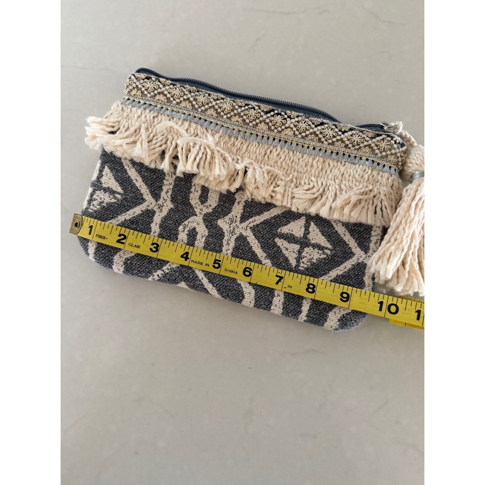 Jen & Co Handcrafted Boho Geometric Fringe Tassel Clutch‎ Bag Charcoal Cream - Picture 4 of 5